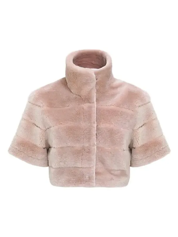 Women's Reversible Lamb Bolero with Cropped Sleeves - Blush