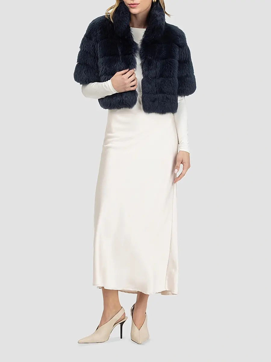 Gorski Women's Reversible Merinillo Lamb Bolero with Cropped Sleeves - Navy | Thumbnail 2