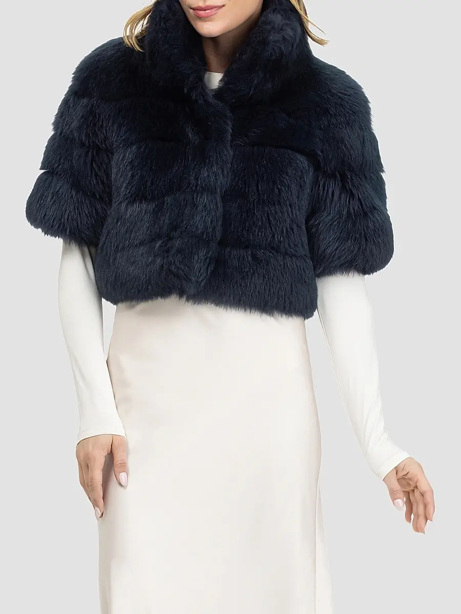 Gorski Women's Reversible Merinillo Lamb Bolero with Cropped Sleeves - Navy | Thumbnail 3