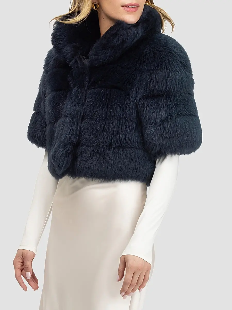 Gorski Women's Reversible Merinillo Lamb Bolero with Cropped Sleeves - Navy | Thumbnail 4