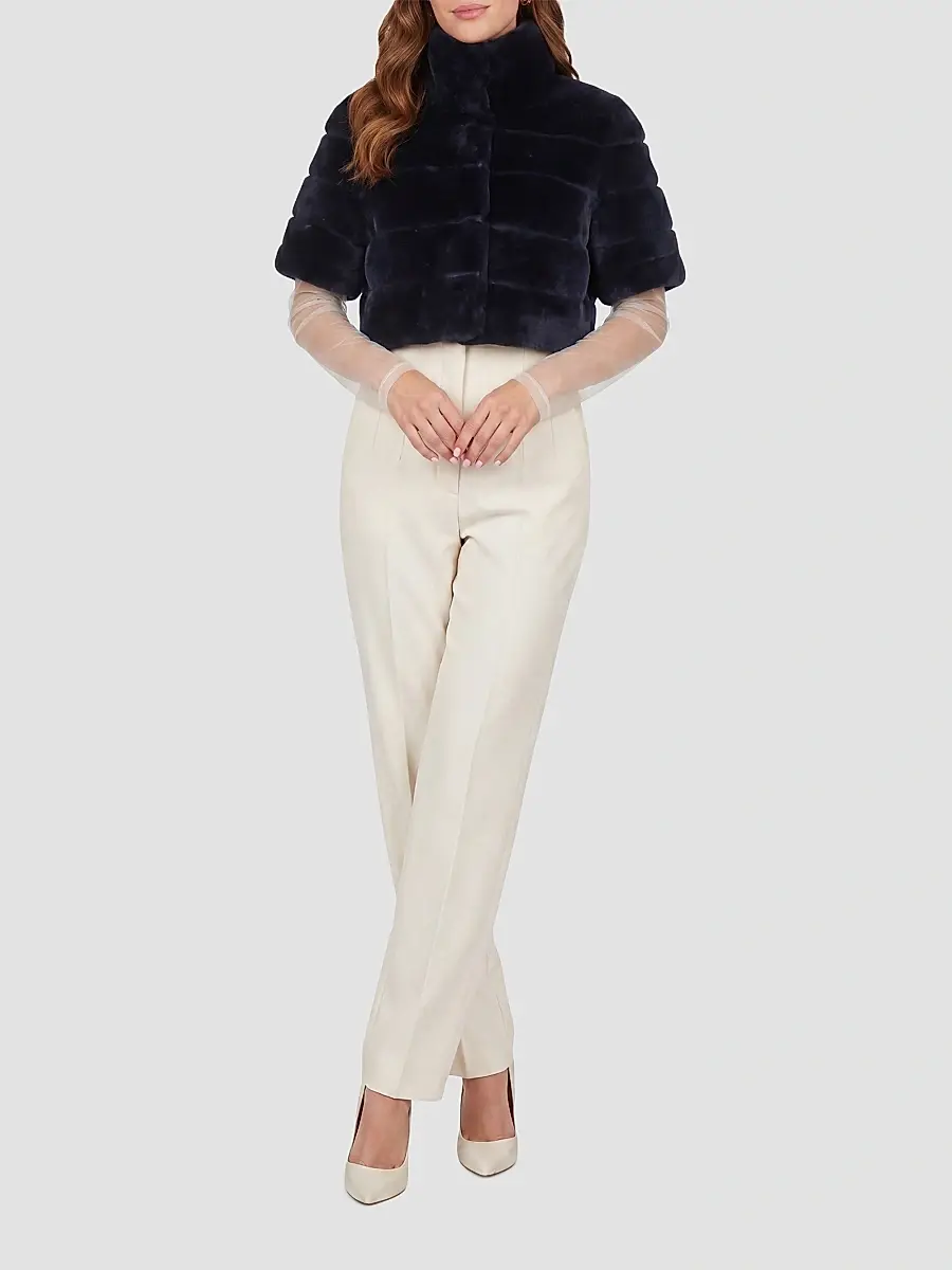 Gorski Women's Reversible Lamb Bolero with Cropped Sleeves - Navy | Thumbnail 2 Gorski Women's Reversible Lamb Bolero with Cropped Sleeves - Navy | Thumbnail 2
