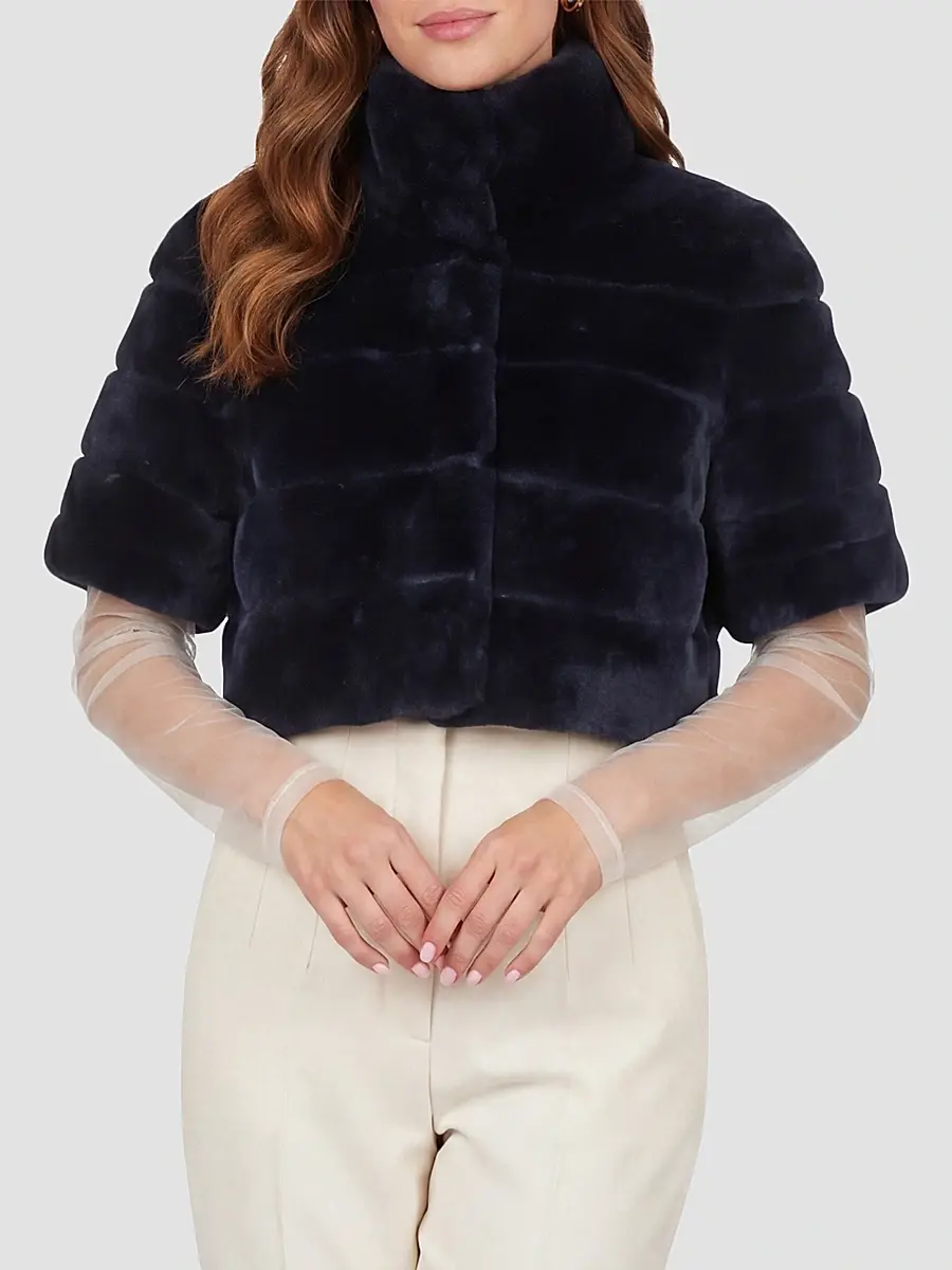 Gorski Women's Reversible Lamb Bolero with Cropped Sleeves - Navy | Thumbnail 3 Gorski Women's Reversible Lamb Bolero with Cropped Sleeves - Navy | Thumbnail 3
