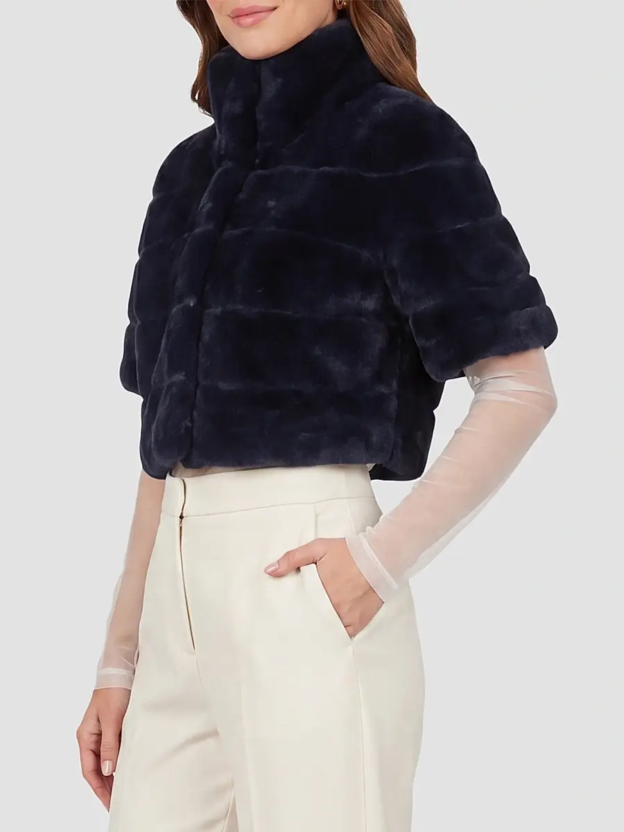 Gorski Women's Reversible Lamb Bolero with Cropped Sleeves - Navy | Thumbnail 4 Gorski Women's Reversible Lamb Bolero with Cropped Sleeves - Navy | Thumbnail 4