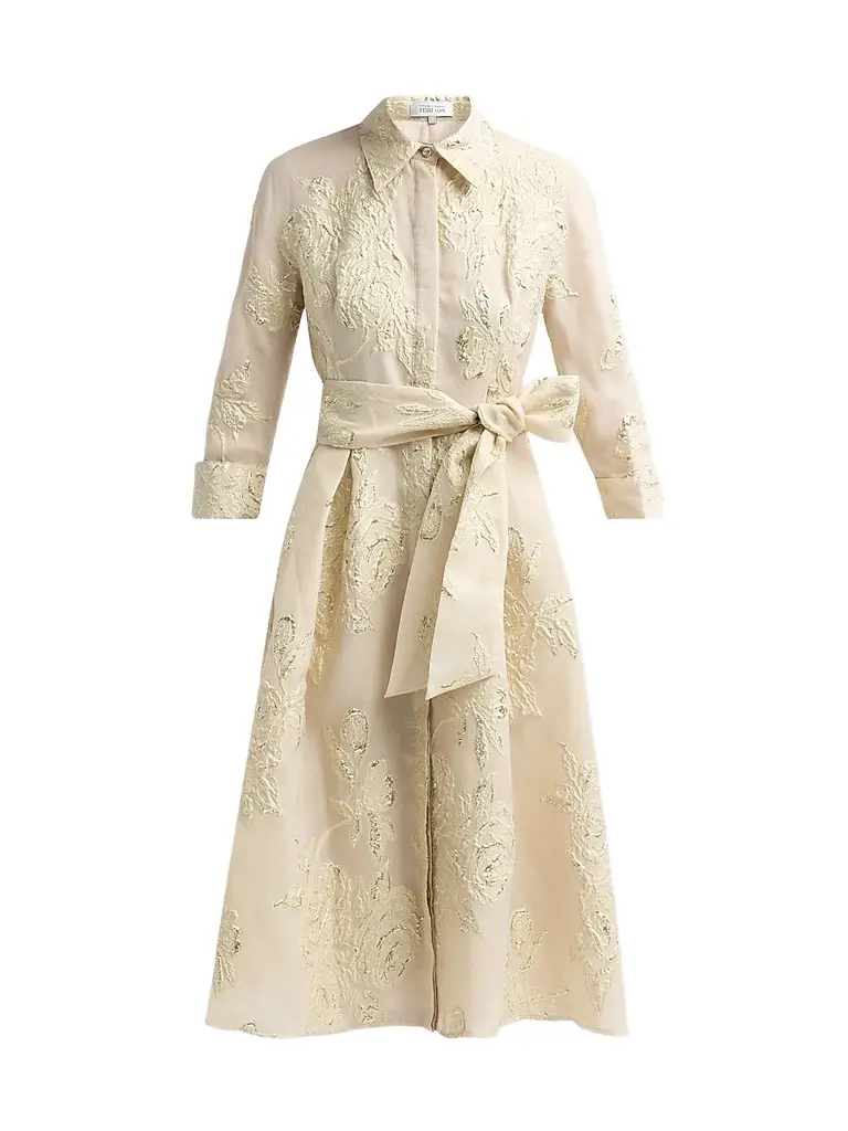 Teri Jon by Rickie Freeman Women's Jacquard Floral-Print Shirtdress - Champagne | Image 1 Teri Jon by Rickie Freeman Women's Jacquard Floral-Print Shirtdress - Champagne | Image 1