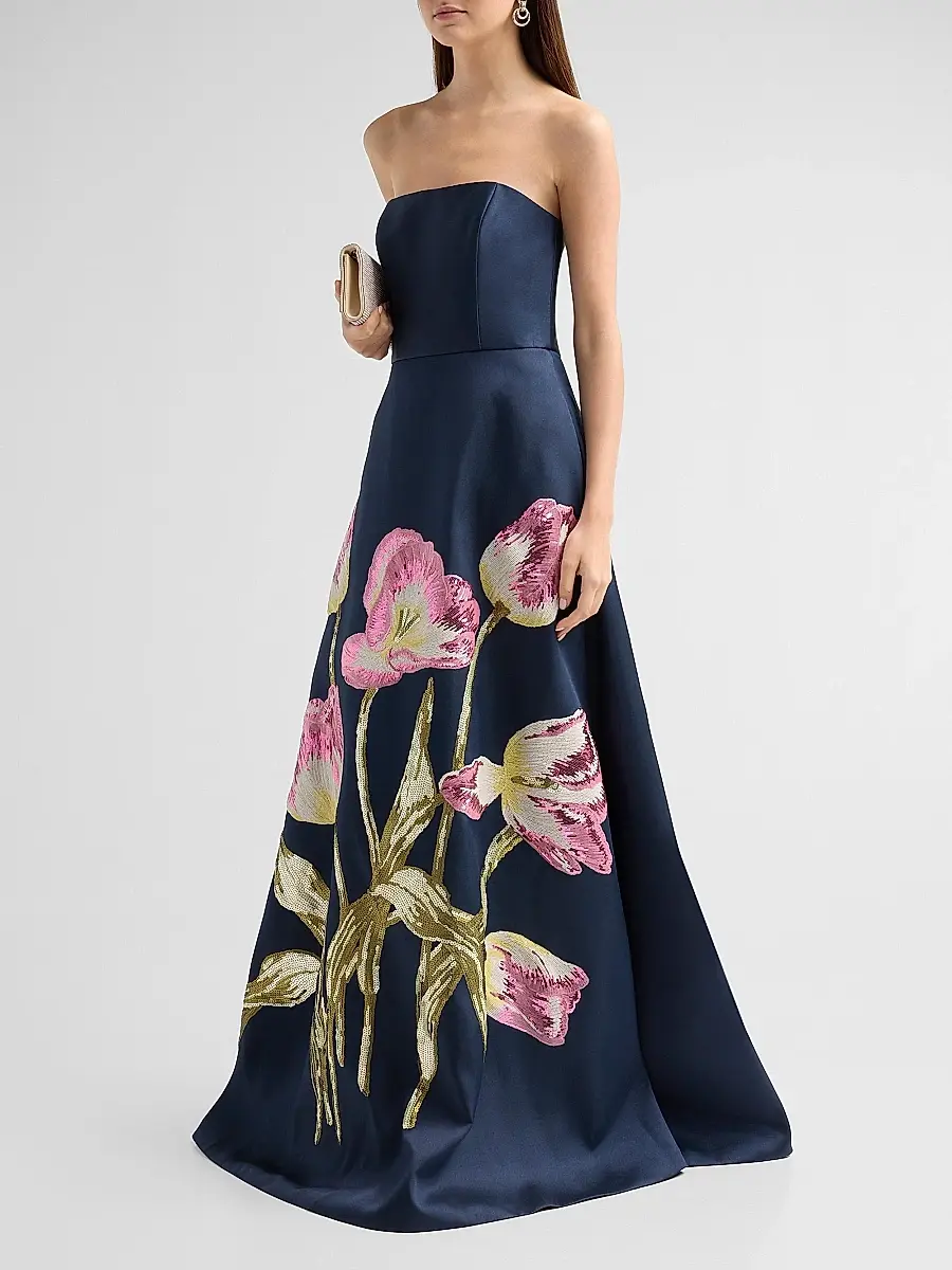 Amsale Women's Brocade Strapless Watteau Gown | Thumbnail 4 Amsale Women's Brocade Strapless Watteau Gown | Thumbnail 4