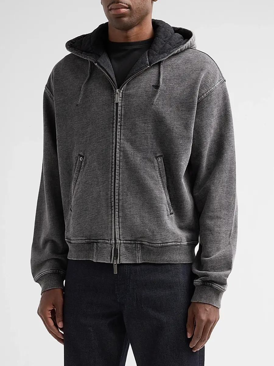 Emporio Armani Men's Washed Cotton Full-Zip Hoodie | Thumbnail 4 Emporio Armani Men's Washed Cotton Full-Zip Hoodie | Thumbnail 4