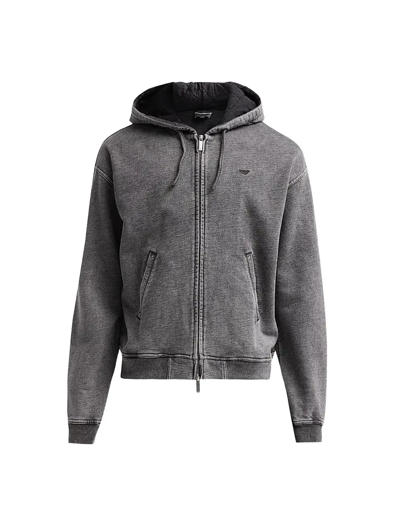 Emporio Armani Men's Washed Cotton Full-Zip Hoodie - Solid Black - Size XXL | Image 1 Emporio Armani Men's Washed Cotton Full-Zip Hoodie - Solid Black - Size XXL | Image 1