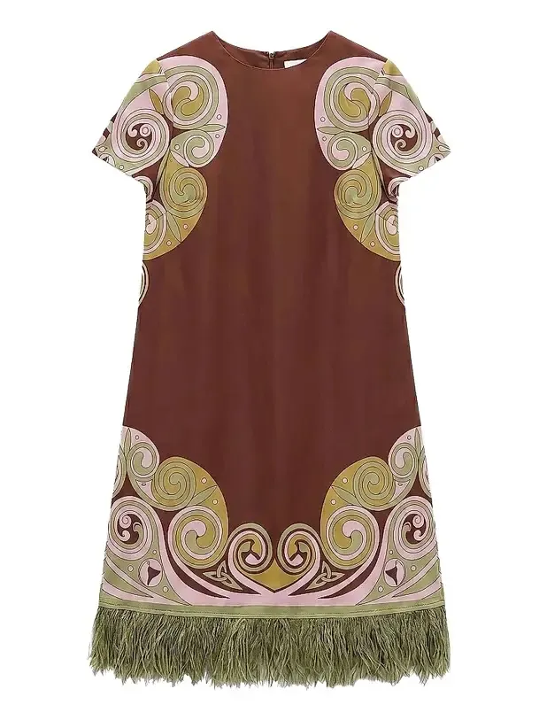 Women's Mini Swing Dress with Feathers - Kells Swirl Burgundy