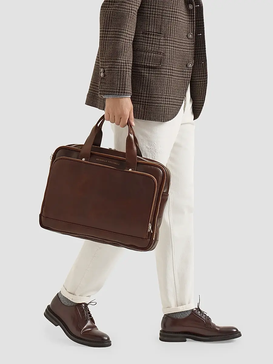 Brunello Cucinelli Men's Calfskin Briefcase with Zipper - Brown | Thumbnail 2 Brunello Cucinelli Men's Calfskin Briefcase with Zipper - Brown | Thumbnail 2