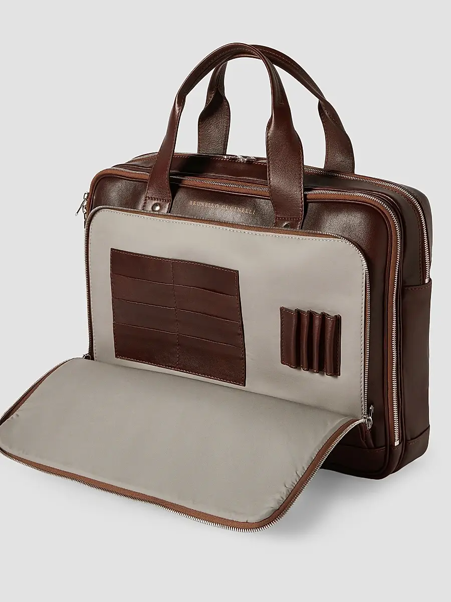 Brunello Cucinelli Men's Calfskin Briefcase with Zipper - Brown | Thumbnail 4 Brunello Cucinelli Men's Calfskin Briefcase with Zipper - Brown | Thumbnail 4