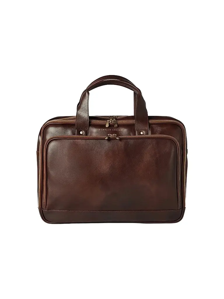 Men's Calfskin Briefcase with Zipper - Brown