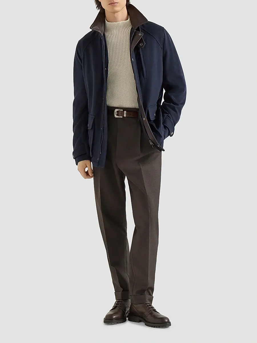 Brunello Cucinelli Men's Virgin Wool Cloth Field Jacket with Nappa Leather Inserts | Thumbnail 2