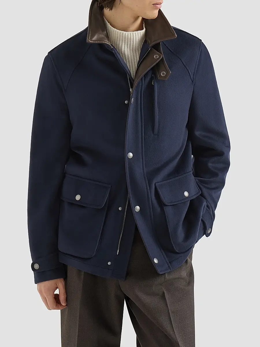 Brunello Cucinelli Men's Virgin Wool Cloth Field Jacket with Nappa Leather Inserts | Thumbnail 3