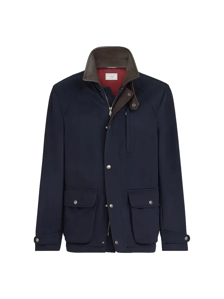 Brunello Cucinelli Men's Virgin Wool Cloth Field Jacket with Nappa Leather Inserts - Blue | Image 1 Brunello Cucinelli Men's Virgin Wool Cloth Field Jacket with Nappa Leather Inserts - Blue | Image 1