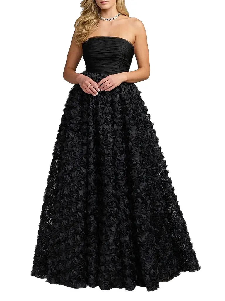 Mac Duggal Women's Strapless Rosette Lace Ballgown - Black | Image 1 Mac Duggal Women's Strapless Rosette Lace Ballgown - Black | Image 1