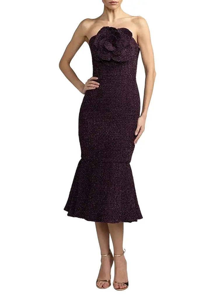 Mac Duggal Women's Bouclé Flower-Detail Mermaid Midi Dress