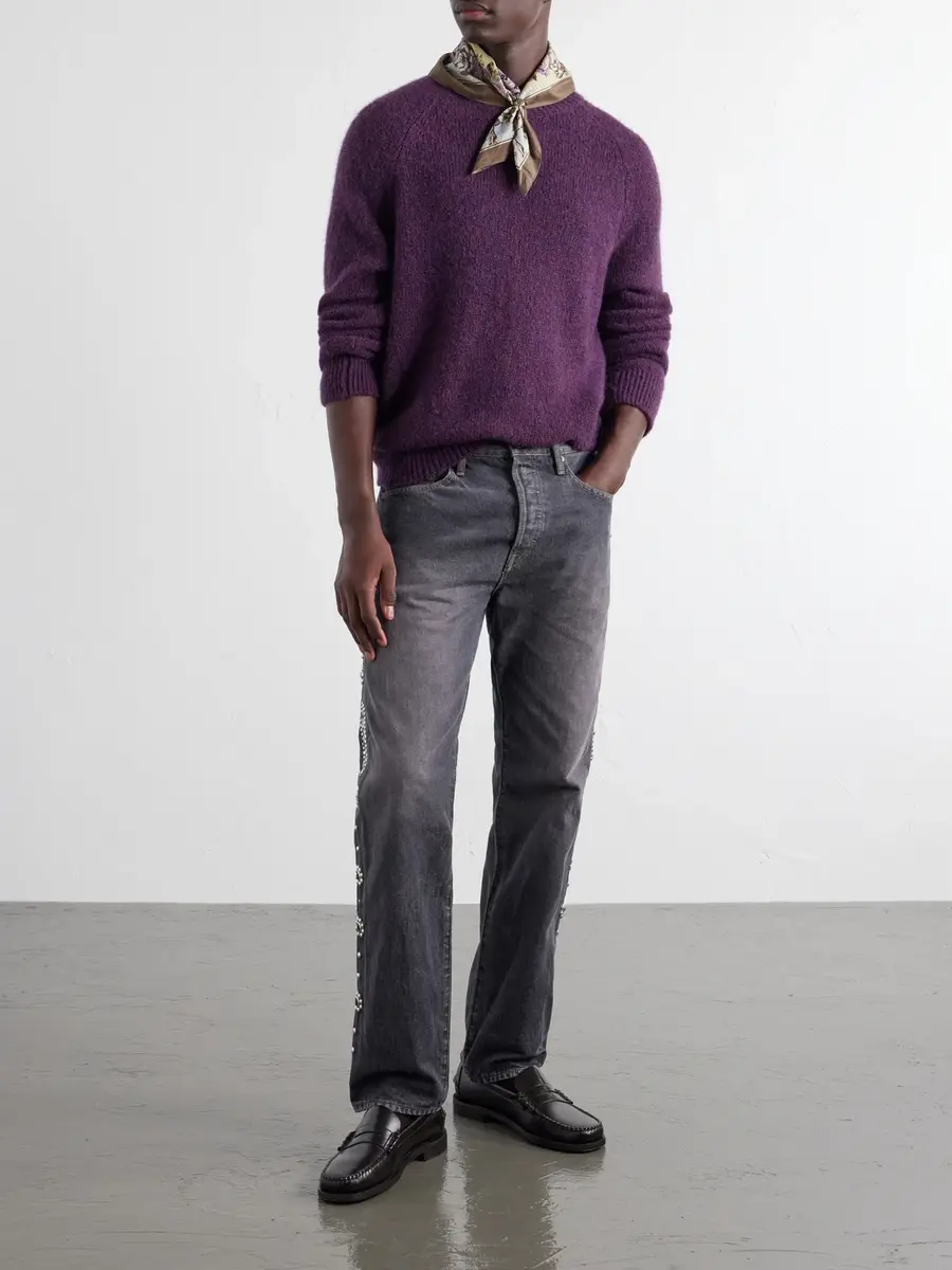 KAPITAL Monkey Cisco Straight-Leg Leather-Trimmed Embellished Jeans - Men | Thumbnail 2 KAPITAL Monkey Cisco Straight-Leg Leather-Trimmed Embellished Jeans - Men | Thumbnail 2