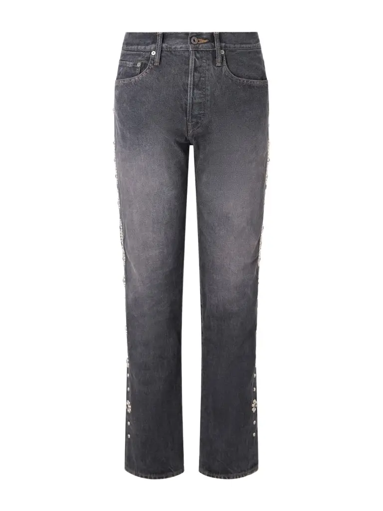 KAPITAL Monkey Cisco Straight-Leg Leather-Trimmed Embellished Jeans - Men | Image 1 KAPITAL Monkey Cisco Straight-Leg Leather-Trimmed Embellished Jeans - Men | Image 1