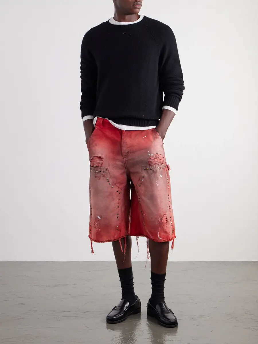 Satoshi Nakamoto Danny's Straight-Leg Embellished Distressed Denim Shorts - Men | Thumbnail 2 Satoshi Nakamoto Danny's Straight-Leg Embellished Distressed Denim Shorts - Men | Thumbnail 2