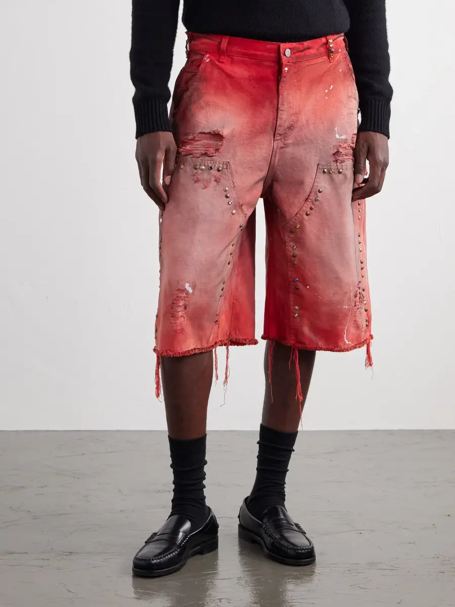 Satoshi Nakamoto Danny's Straight-Leg Embellished Distressed Denim Shorts - Men | Thumbnail 3 Satoshi Nakamoto Danny's Straight-Leg Embellished Distressed Denim Shorts - Men | Thumbnail 3