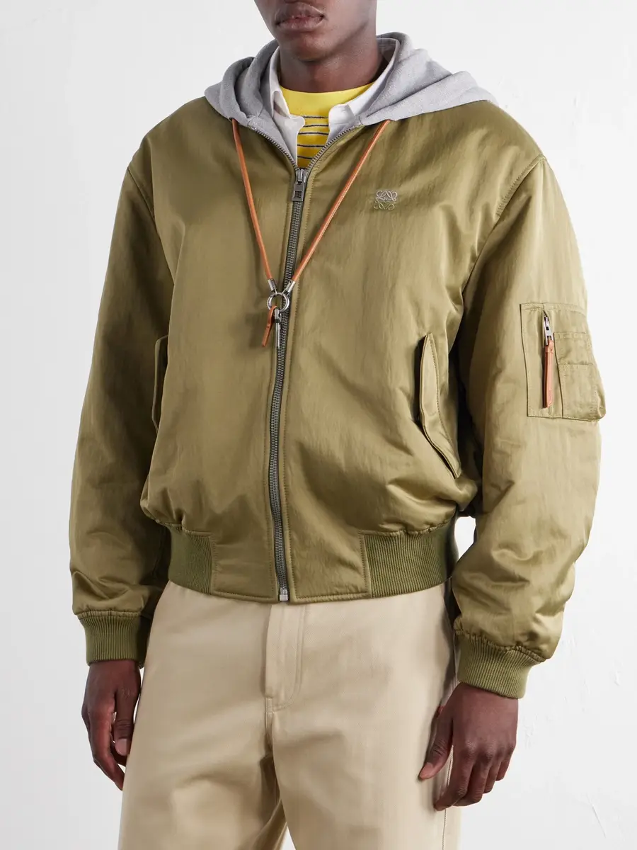 Loewe Anagram-Embroidered Leather and Jersey-Trimmed Satin Bomber Jacket - Men | Thumbnail 3