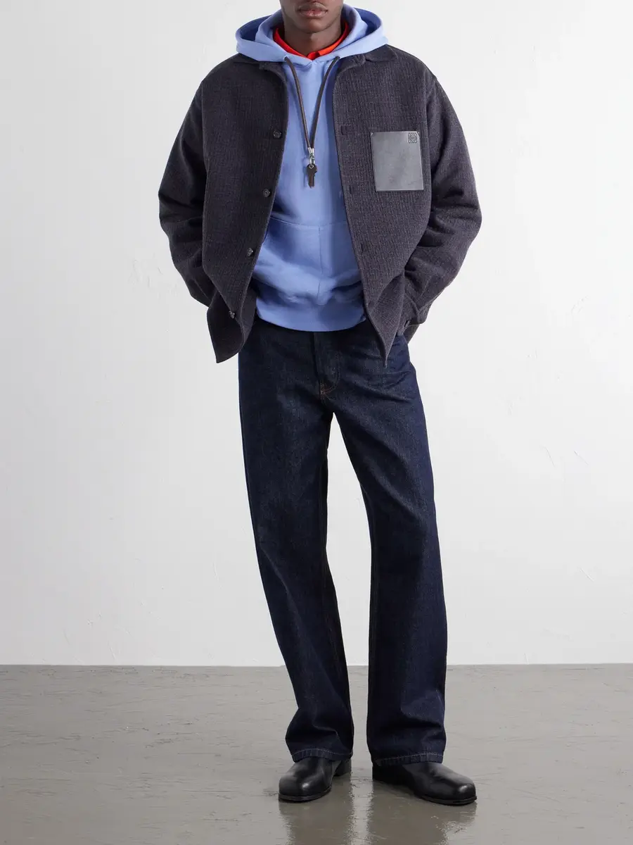 Loewe Anagram-Embroidered Leather-Trimmed Cotton-Jersey Hoodie - Men | Thumbnail 2 Loewe Anagram-Embroidered Leather-Trimmed Cotton-Jersey Hoodie - Men | Thumbnail 2
