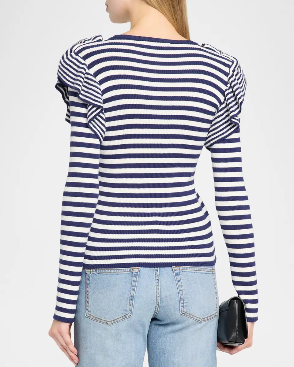 MAISON COMMON Striped Cotton Rib Ruffle-Shoulder Sweater | Thumbnail 3