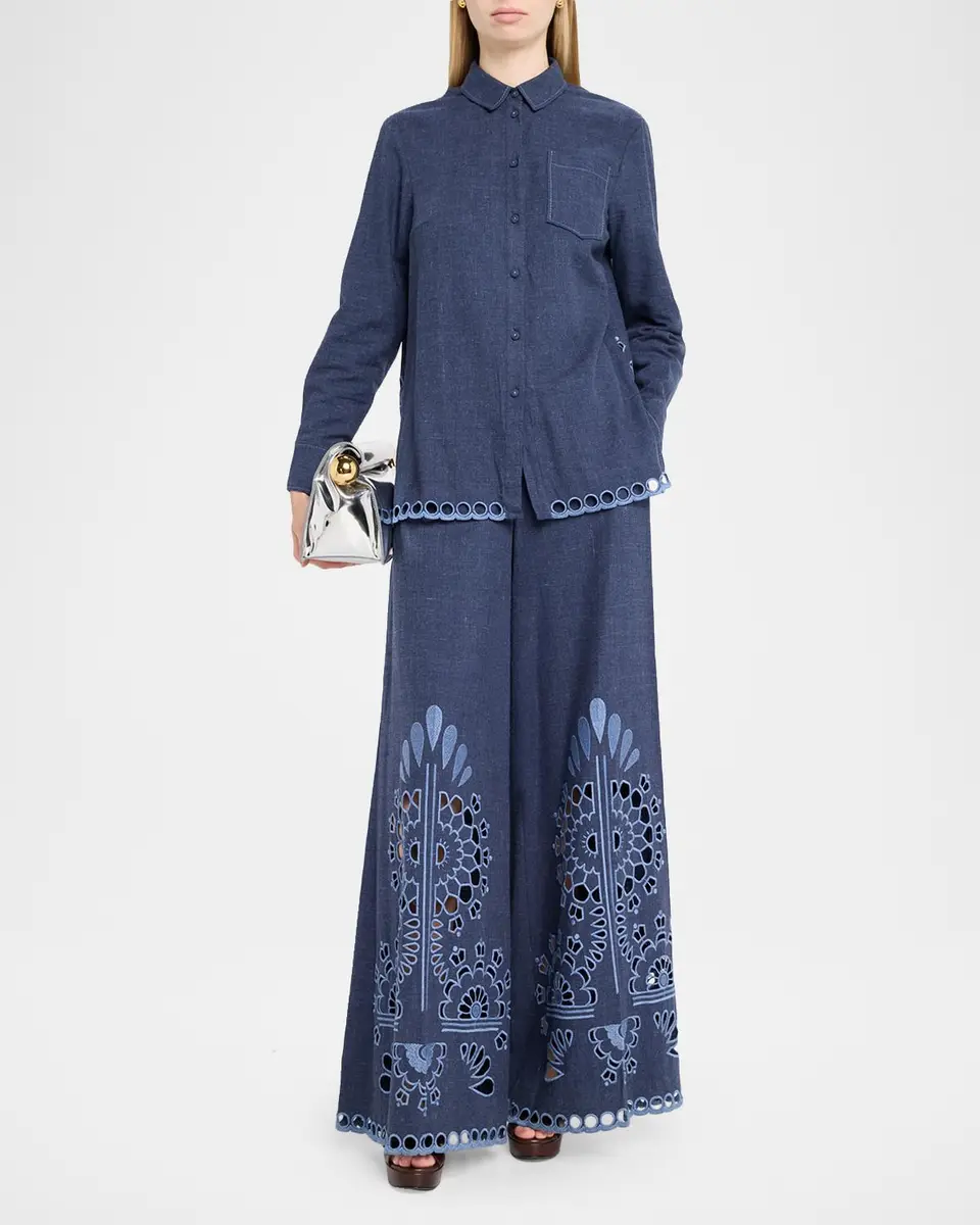 MAISON COMMON Cutwork Embroidered Cotton Wide-Leg Pants | Thumbnail 2