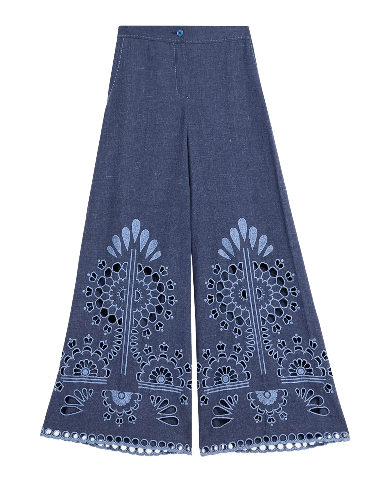 Cutwork Embroidered Cotton Wide-Leg Pants