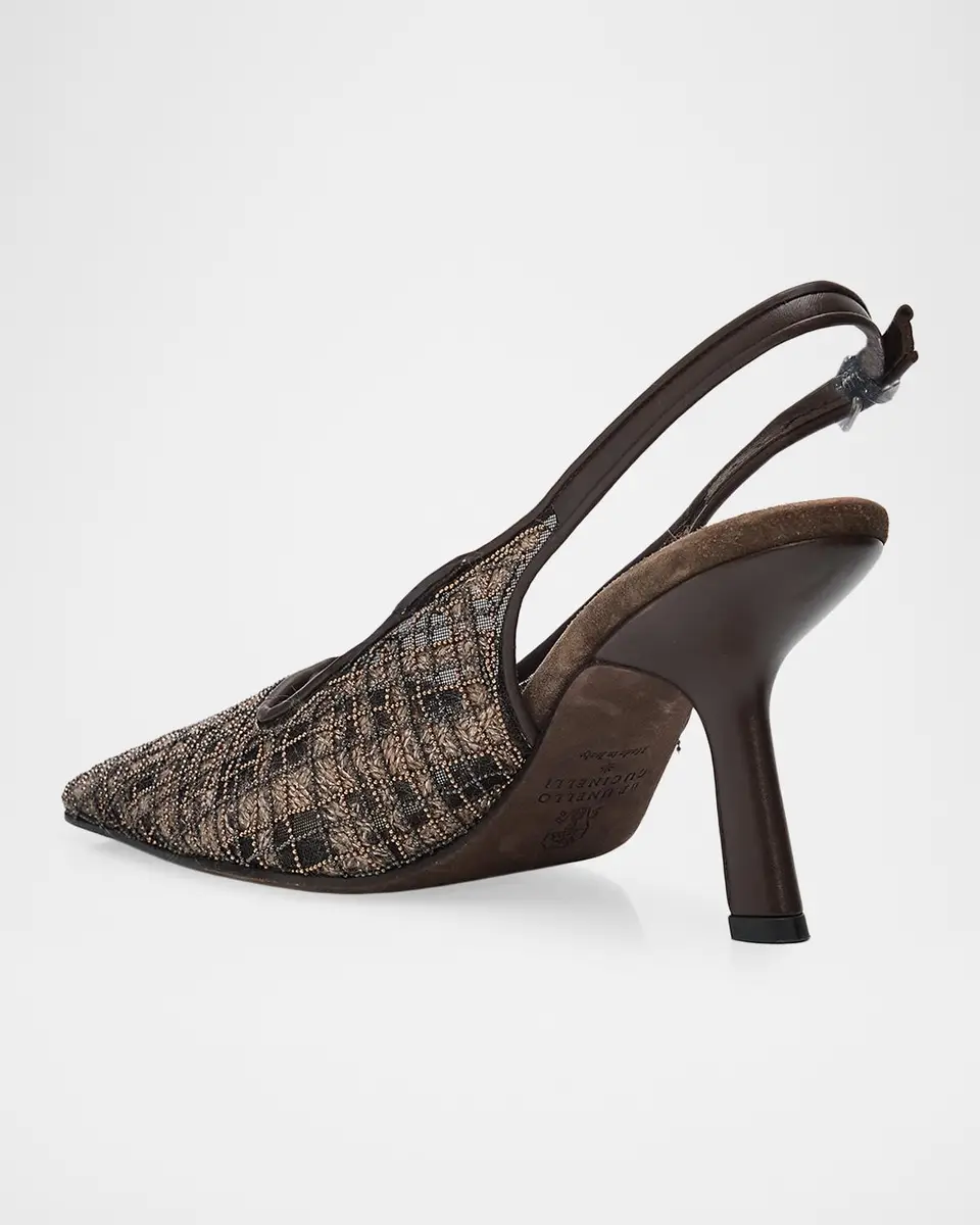 Brunello Cucinelli Monili-Embroidered Check Slingback Pumps | Thumbnail 4