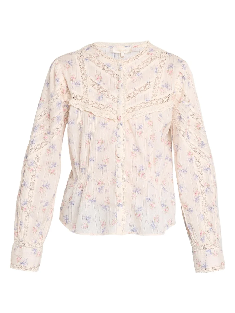 LoveShackFancy Miah Floral Lace-Trim Dobby Cotton Blouse