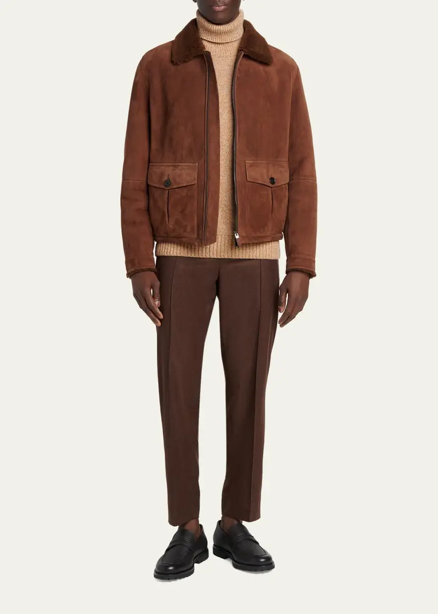 Zegna Men's Suede Short Shearling-Collar Aviator Jacket | Thumbnail 2 Zegna Men's Suede Short Shearling-Collar Aviator Jacket | Thumbnail 2