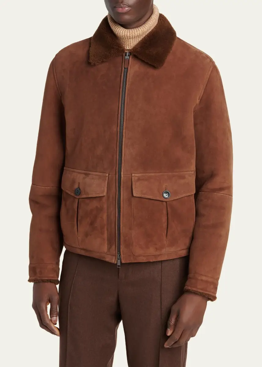 Zegna Men's Suede Short Shearling-Collar Aviator Jacket | Thumbnail 4 Zegna Men's Suede Short Shearling-Collar Aviator Jacket | Thumbnail 4