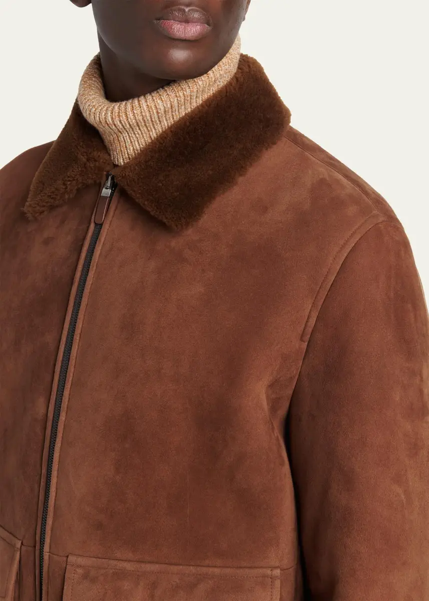 Zegna Men's Suede Short Shearling-Collar Aviator Jacket | Thumbnail 5 Zegna Men's Suede Short Shearling-Collar Aviator Jacket | Thumbnail 5