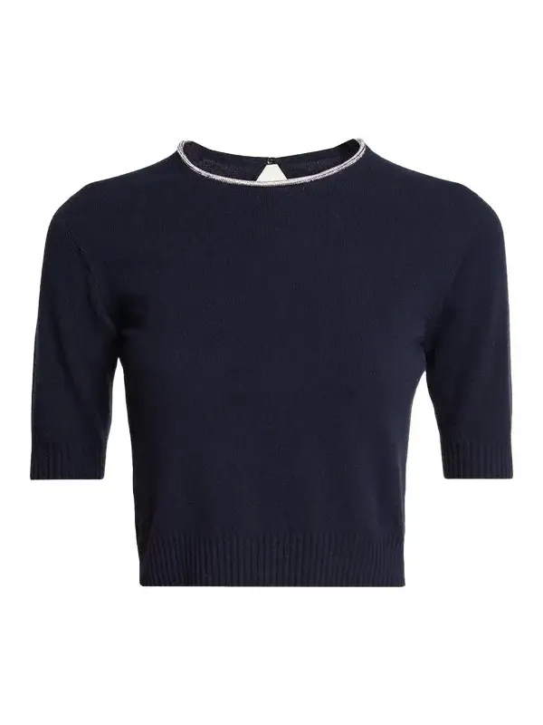Crystal Crewneck Short-Sleeve Silk Knit Crop Shirt Crystal Crewneck Short-Sleeve Silk Knit Crop Shirt