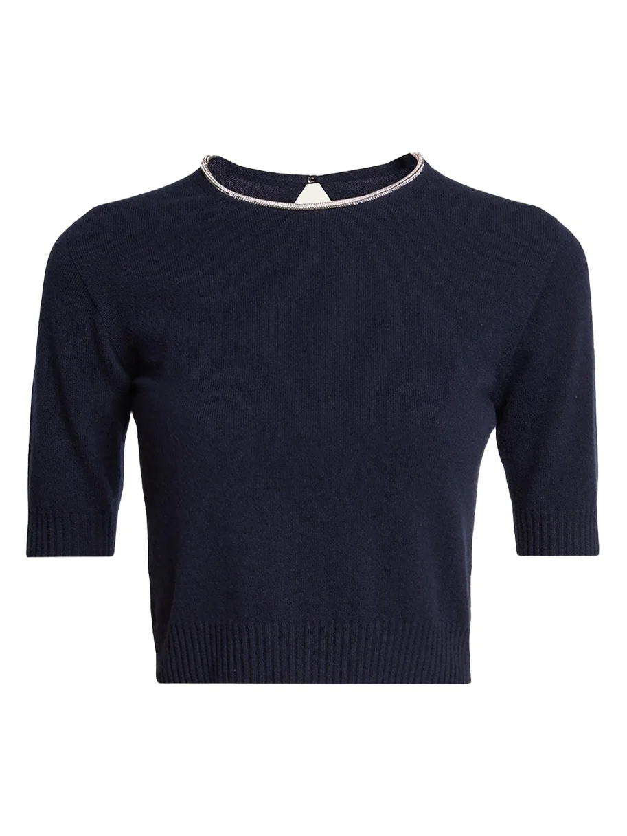 Giorgio Armani Crystal Crewneck Short-Sleeve Silk Knit Crop Shirt