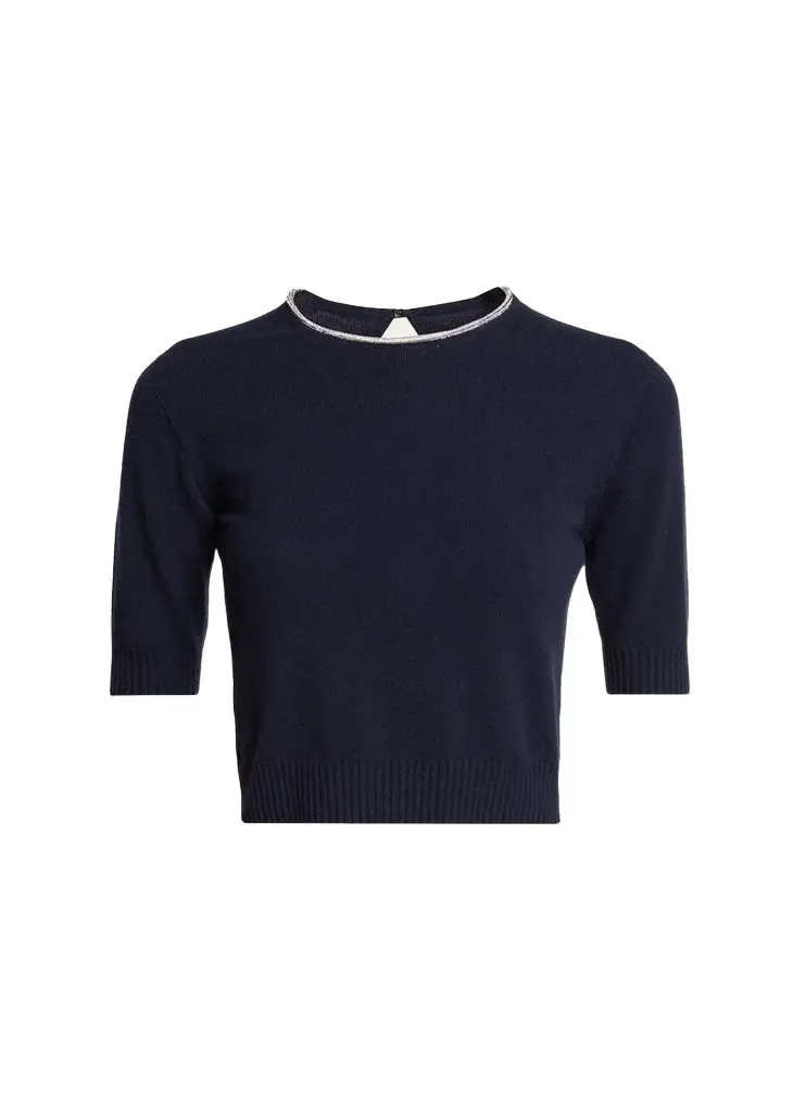 Giorgio Armani Crystal Crewneck Short-Sleeve Silk Knit Crop Shirt | Image 1 Giorgio Armani Crystal Crewneck Short-Sleeve Silk Knit Crop Shirt | Image 1