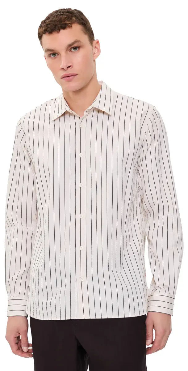Orlebar Brown Justin Fine Stripe Button Down Shirt atte/Night Iris | Image 1 Orlebar Brown Justin Fine Stripe Button Down Shirt atte/Night Iris | Image 1