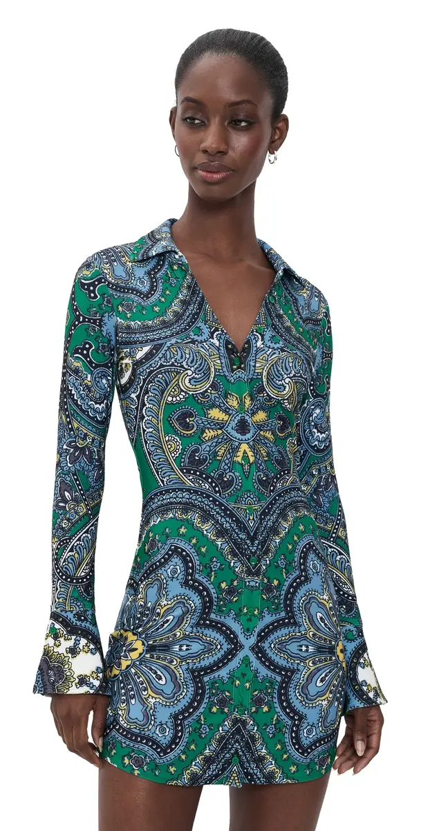 Alice + Olivia Freya Fitted Waist Mini Dress Bon Voyage Deep Emerald | Image 1 Alice + Olivia Freya Fitted Waist Mini Dress Bon Voyage Deep Emerald | Image 1