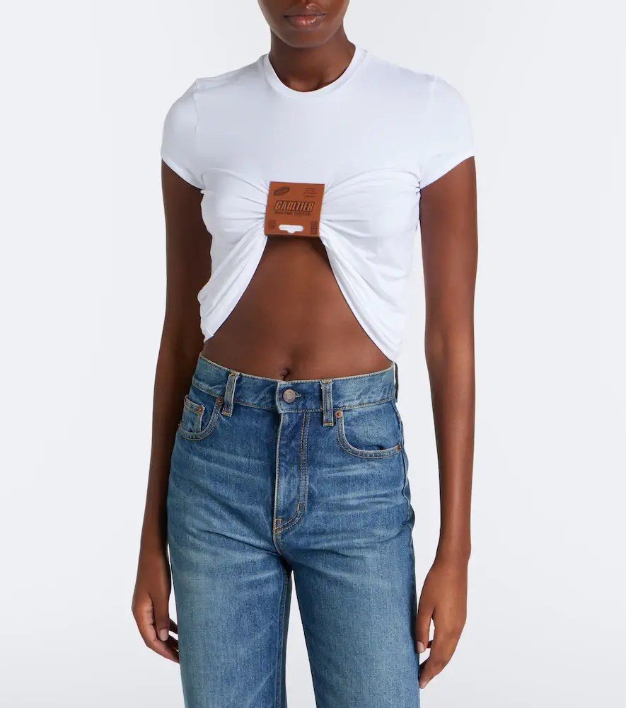 Jean Paul Gaultier Leather-trimmed cropped jersey T-shirt | Thumbnail 2