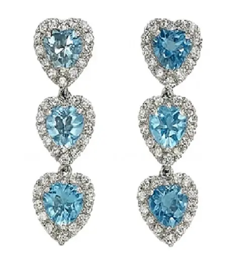 Wish Fine Jewelry 2.4ct Heart Aquamarine Diamond 18K Gold Halo Linear Earrings