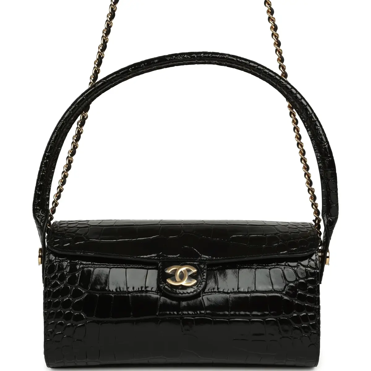 Chanel Barrel Clutch Bag with Chain Black Croc Embossed Calfskin Gold Hardware Chanel Barrel Clutch Bag with Chain Black Croc Embossed Calfskin Gold Hardware