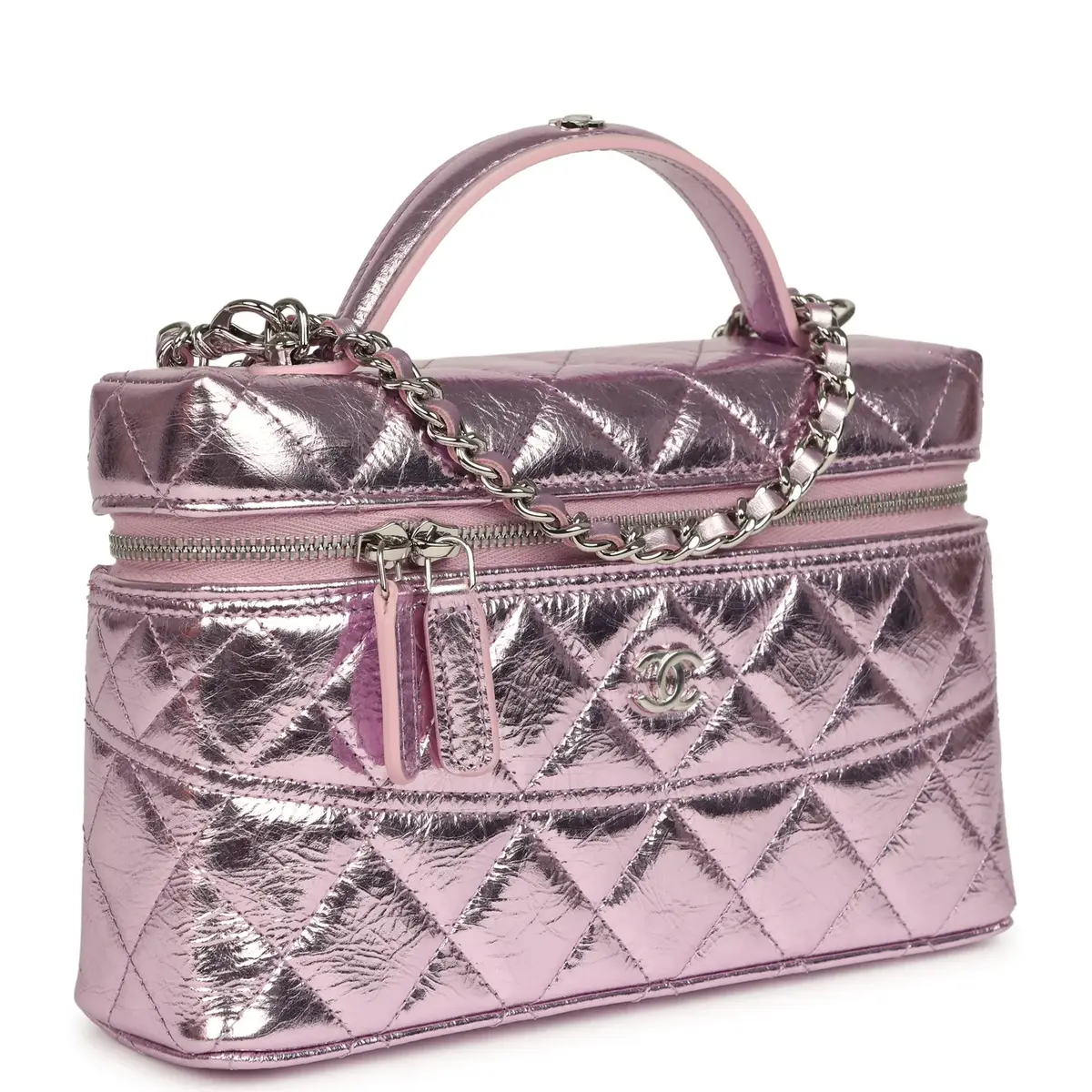 Chanel Chanel Trendy Top Handle Long Vanity Case with Chain Pink Metallic Calfskin Silver Hardware | Thumbnail 2 Chanel Chanel Trendy Top Handle Long Vanity Case with Chain Pink Metallic Calfskin Silver Hardware | Thumbnail 2