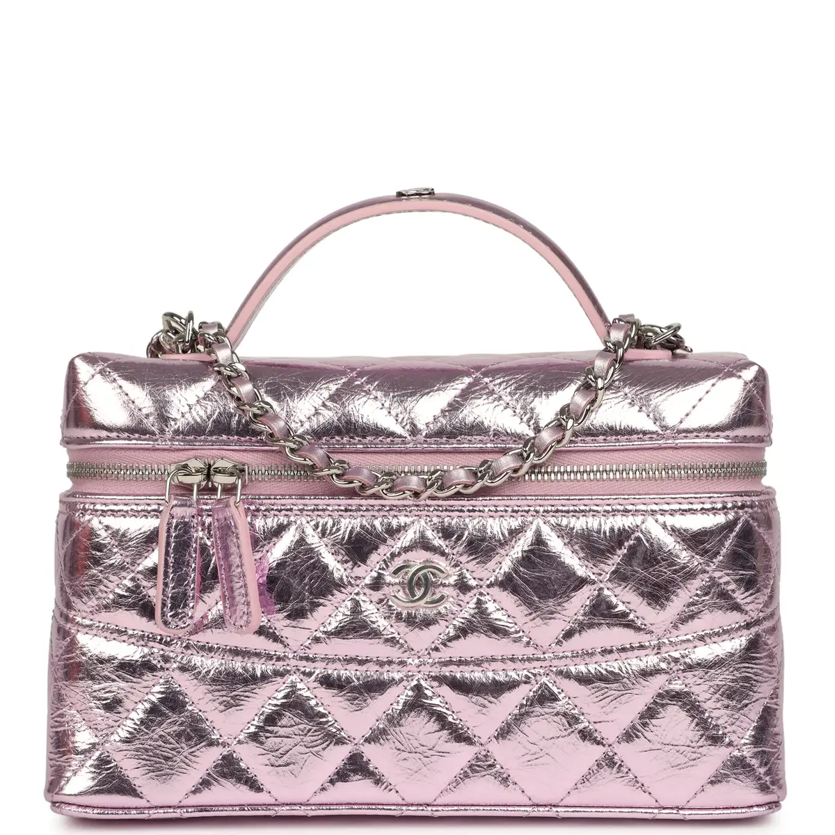 Chanel Chanel Trendy Top Handle Long Vanity Case with Chain Pink Metallic Calfskin Silver Hardware | Image 1 Chanel Chanel Trendy Top Handle Long Vanity Case with Chain Pink Metallic Calfskin Silver Hardware | Image 1
