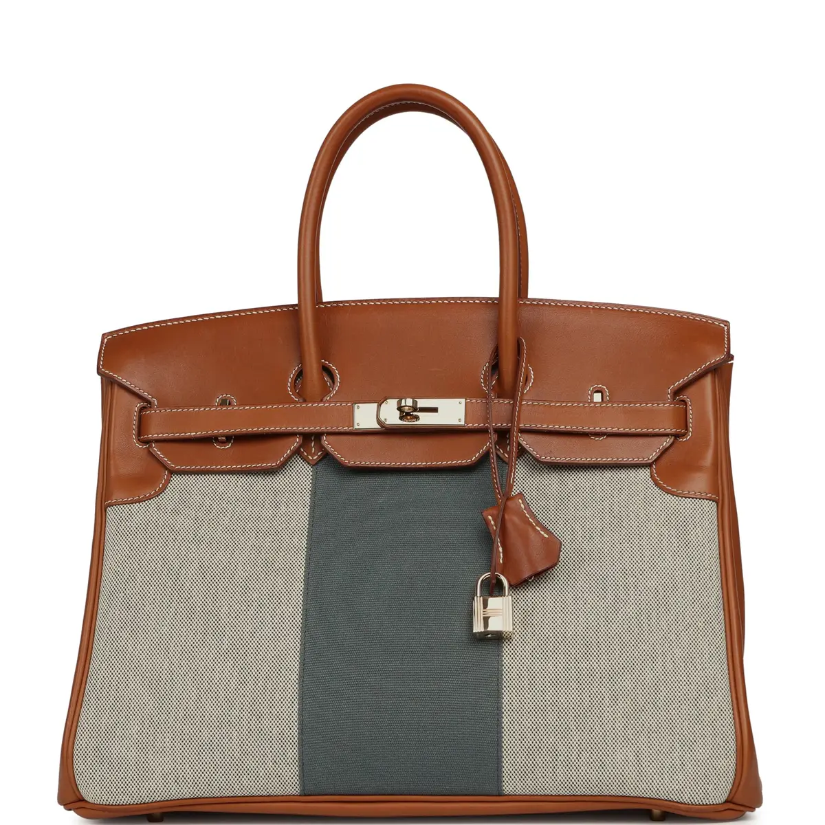 HERMÈS Pre-owned Hermes Birkin 35 Flag Fauve Barenia, Ecru-Black Toile, Bleu Orage Toile Canvas Permabrass Hardware | Image 1 HERMÈS Pre-owned Hermes Birkin 35 Flag Fauve Barenia, Ecru-Black Toile, Bleu Orage Toile Canvas Permabrass Hardware | Image 1