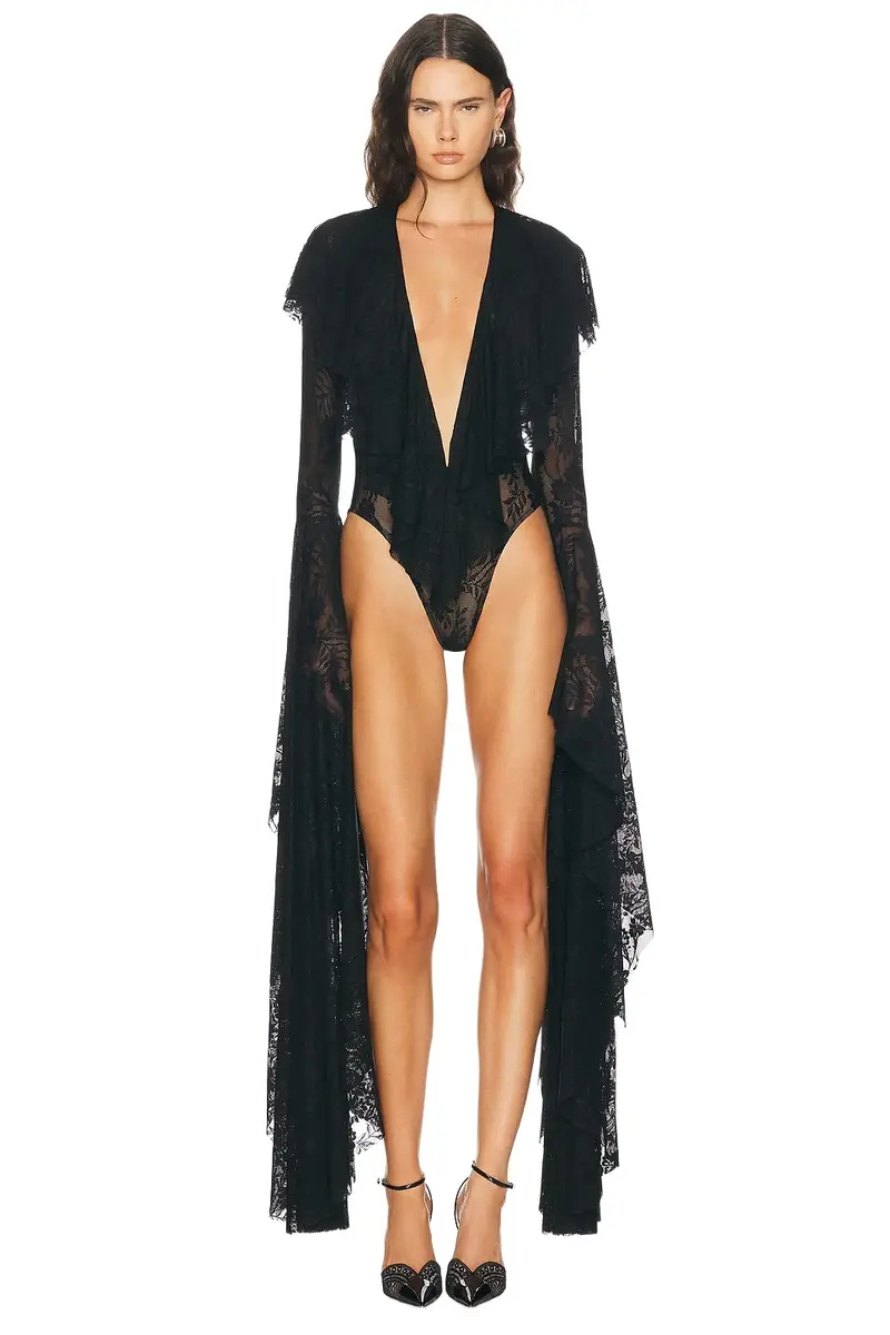 XL Sleeve Deep V Ruffle Bodysuit XL Sleeve Deep V Ruffle Bodysuit