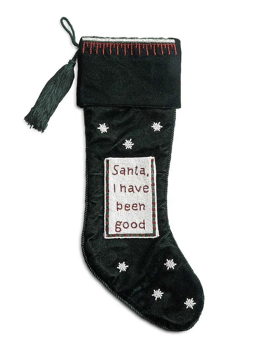 Sudha Pennathur Santa, I Have Been Good Beaded Velvet Stocking - Green | Image 1 Sudha Pennathur Santa, I Have Been Good Beaded Velvet Stocking - Green | Image 1