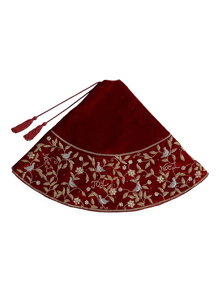 Sudha Pennathur Birds & Noel Embroidered Velvet Tree Skirt | Thumbnail 2 Sudha Pennathur Birds & Noel Embroidered Velvet Tree Skirt | Thumbnail 2