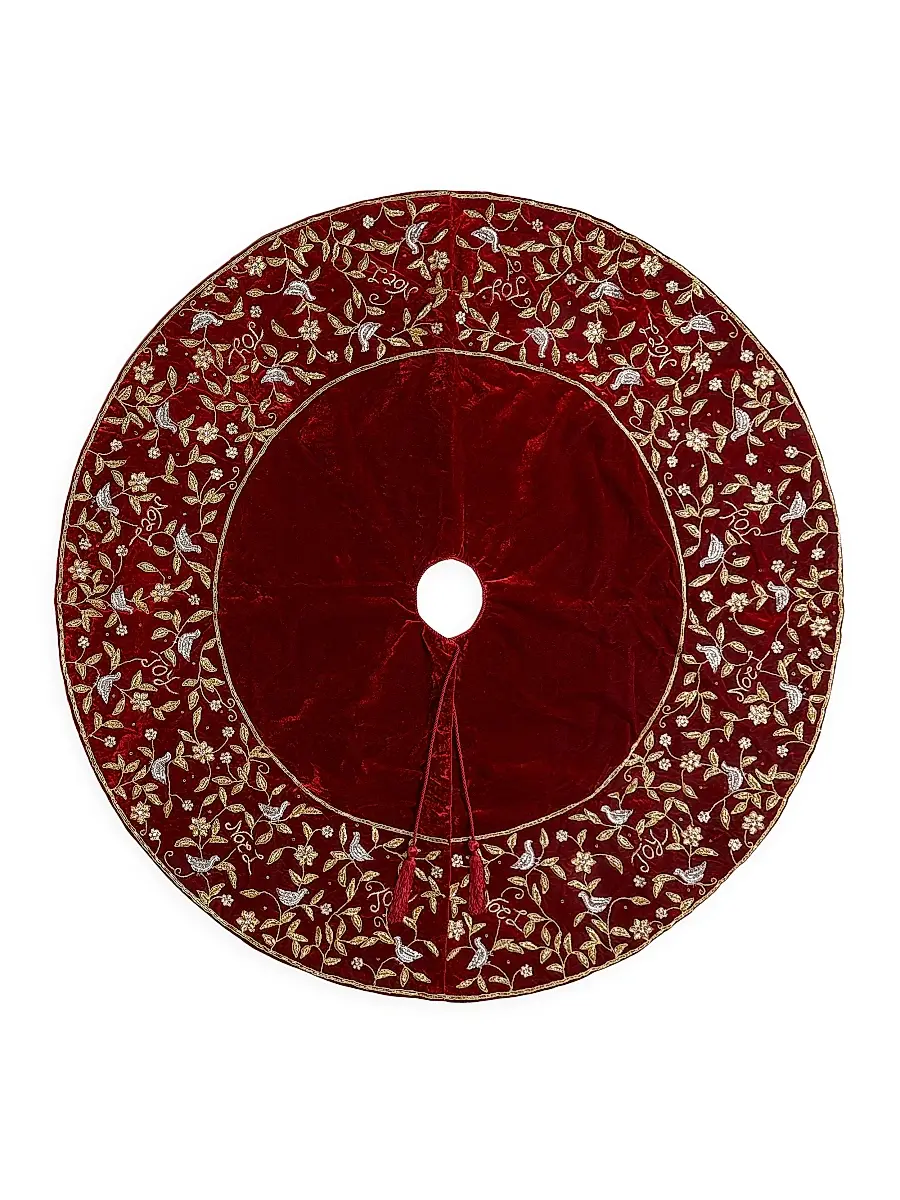 Sudha Pennathur Birds & Noel Embroidered Velvet Tree Skirt - Red | Image 1 Sudha Pennathur Birds & Noel Embroidered Velvet Tree Skirt - Red | Image 1