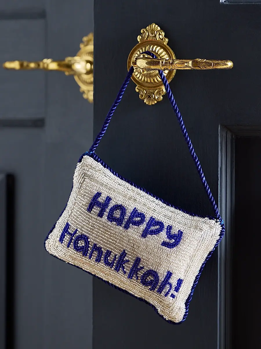 Sudha Pennathur Happy Hanukkah Hand Embroidered Doorknocker